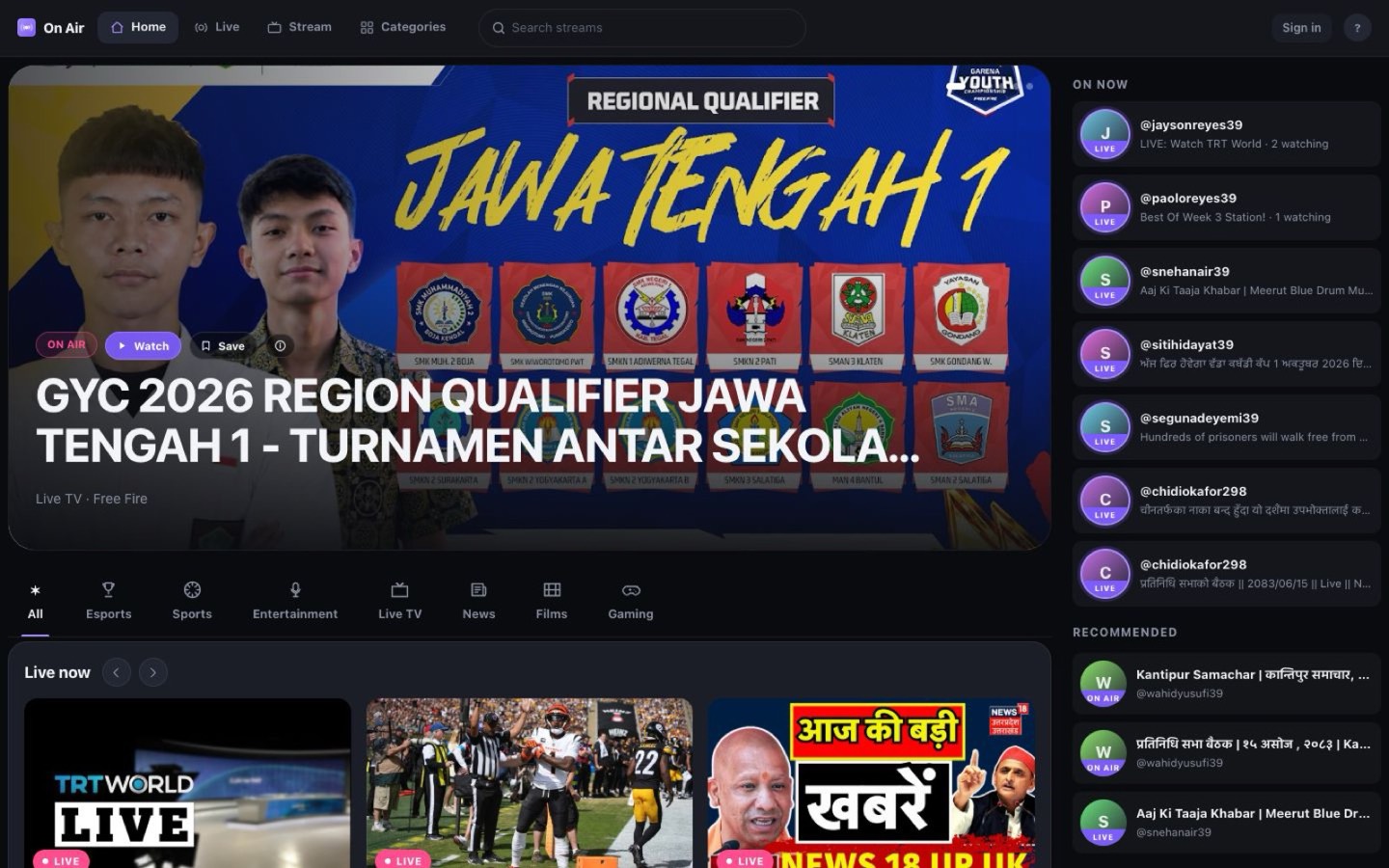 On Air in a web browser, showing live programmes and creators on now
