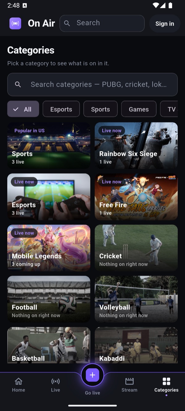 Categories in the On Air app