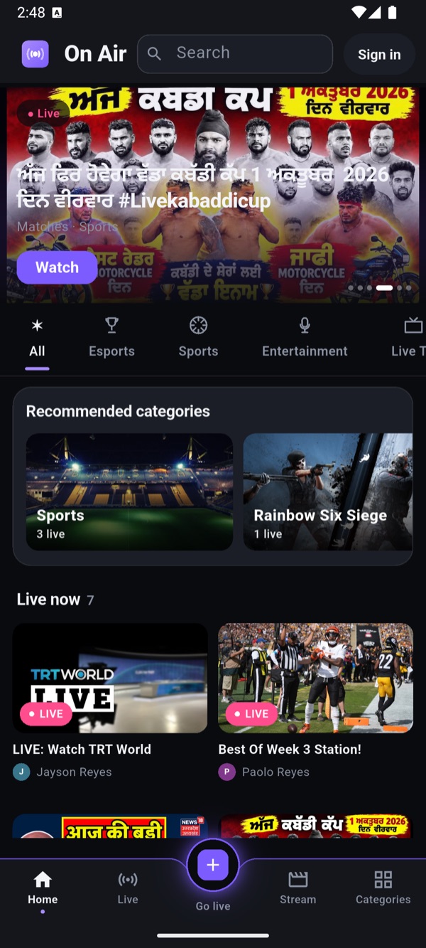 The On Air home screen