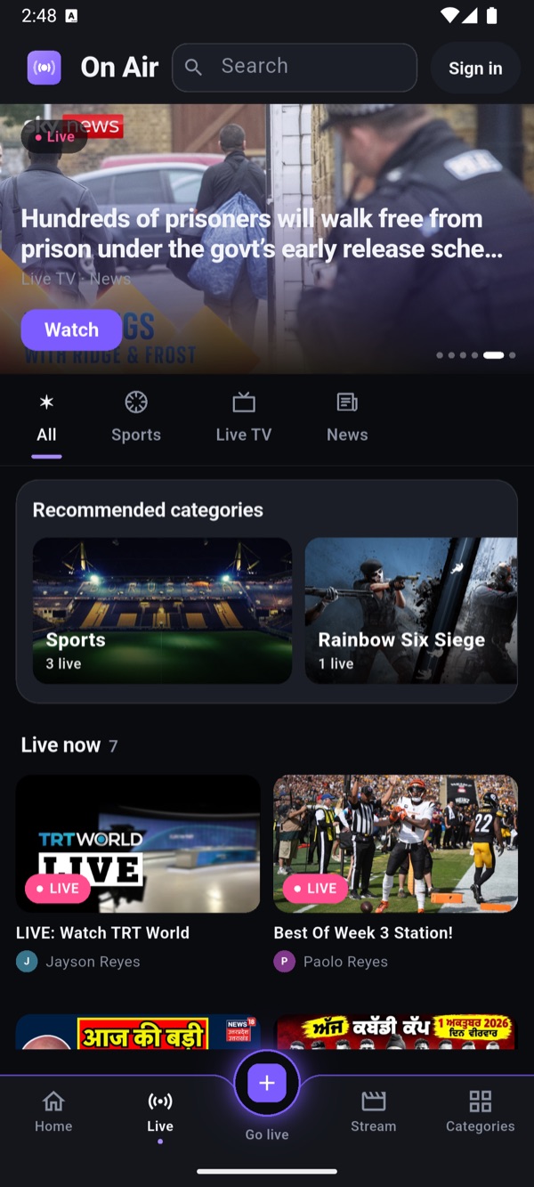 The Live tab in the On Air app